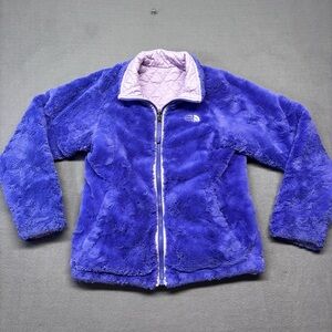 Girls The North Face Reversible Quilted Jacket Size M 10/12 Purple Faux Fur